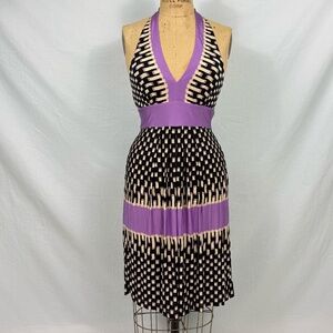 BCBG MaxAzria Purple and Black Geometric Halter Dress Knee Length Size Small